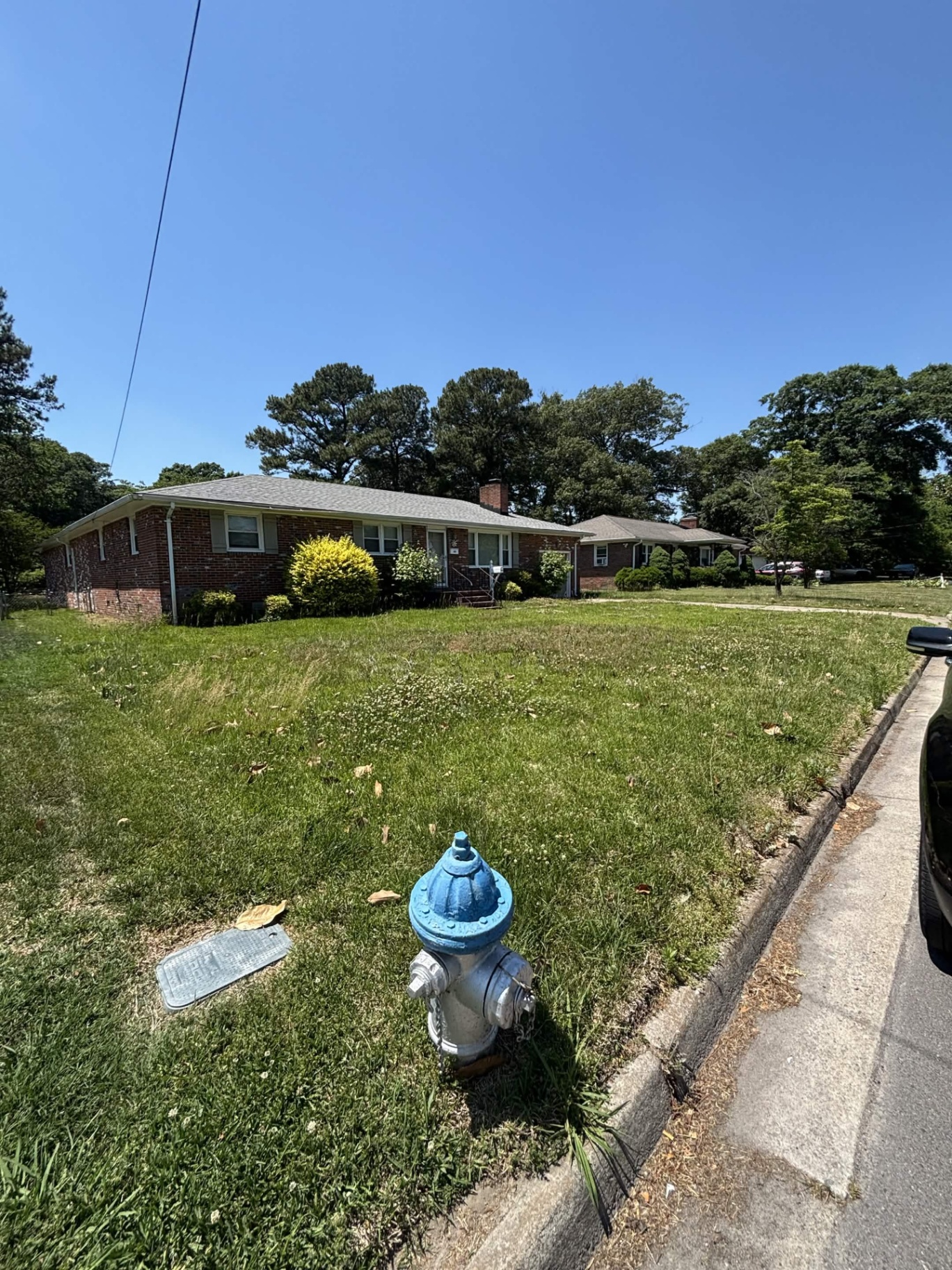 Overgrown front lawn of a Virginia Beach brick ranch home before service